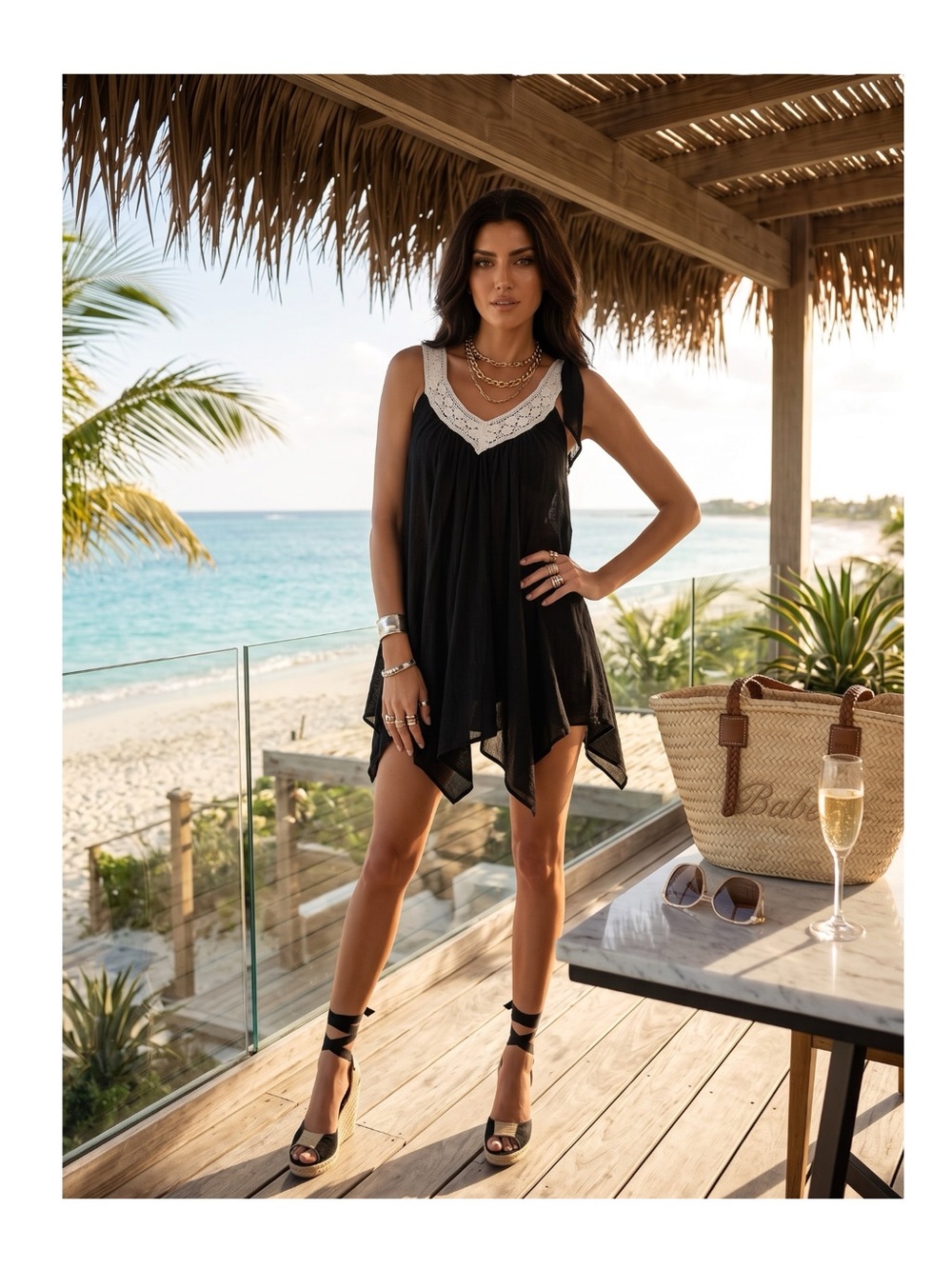 new Shay Todd ❃ Handkerchief Hem Crochet Beach Dress Swim Cover ❃ Black Ivory ❃